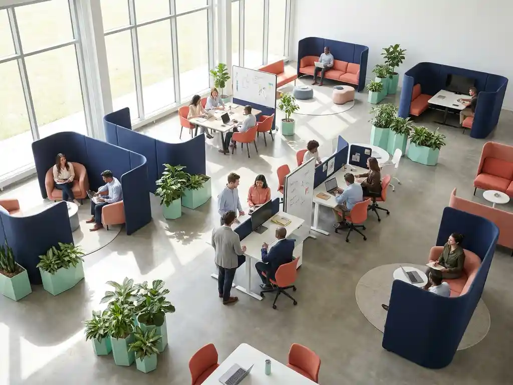 Moderne open kantoorruimte met modulair meubilair, flexibele werkzones, professionals in samenwerking, natuurlijk licht door grote ramen