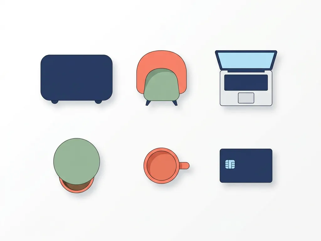 Zes flexibele kantoorobjecten in minimalistische stijl: bureau, stoel, laptop, plant, koffiekop en sleutelkaart op witte ondergrond