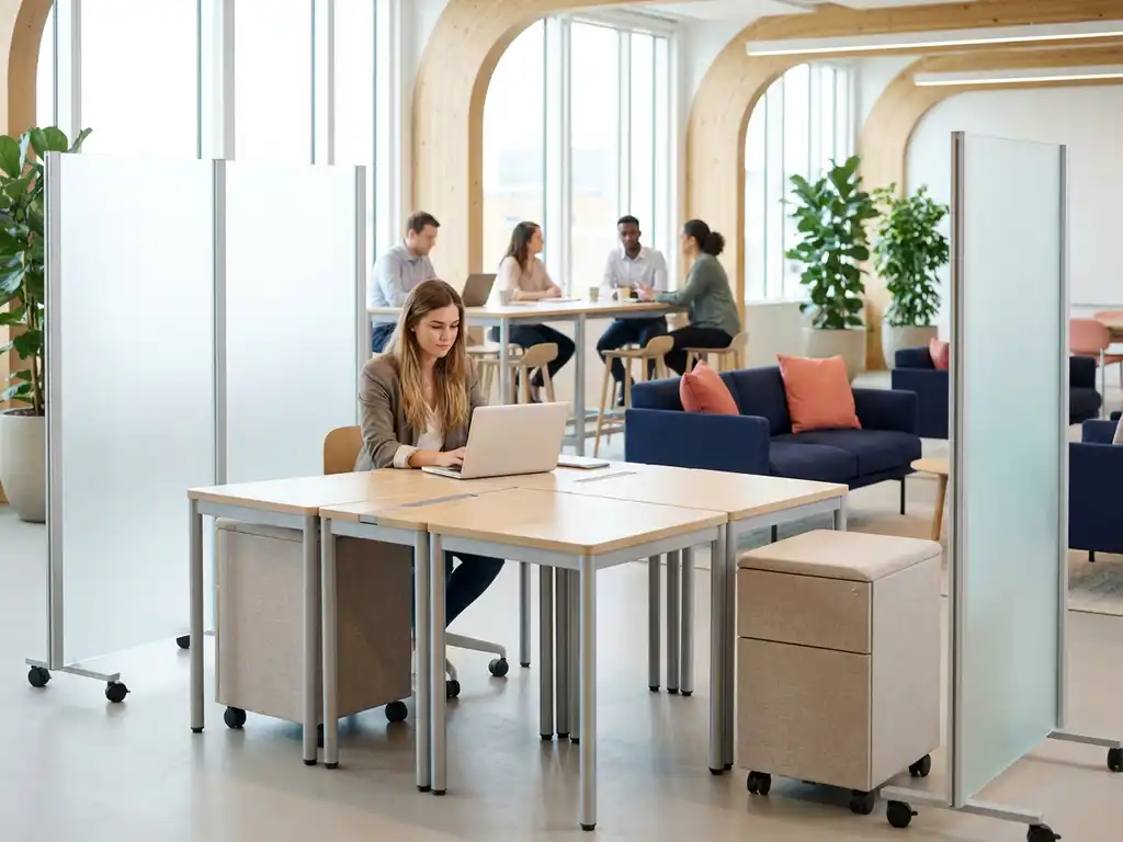 Jonge ondernemer werkt op laptop aan modulair bureau in moderne coworking ruimte met glazen scheidingswanden en planten