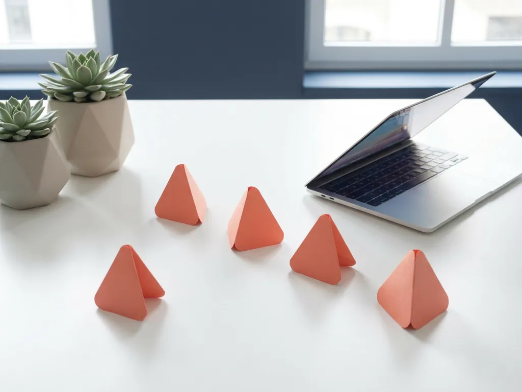 Moderne kantoorruimte met vijf koraalkleurige waarschuwingsdriehoeken op wit bureau, laptop en groene vetplanten