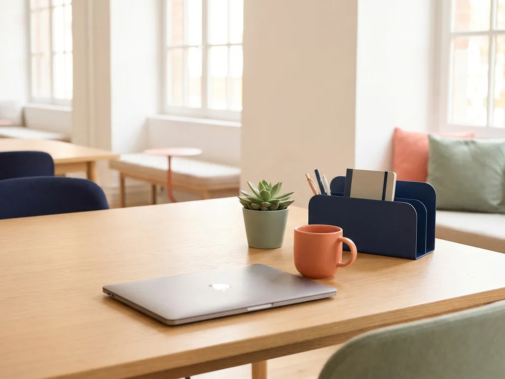 Modern houten bureau met laptop, koffiekop, vetplant en organizer in helder co-working kantoor met natuurlijk licht
