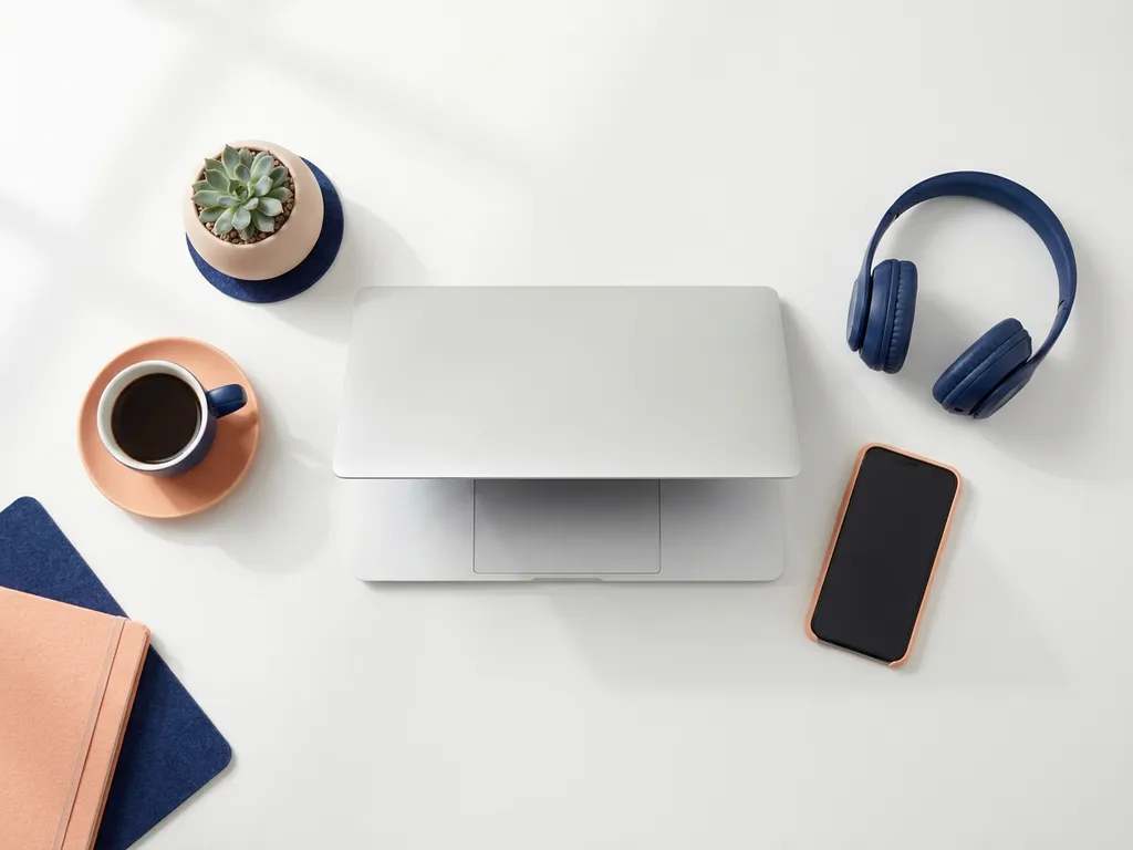 Moderne werkplek met laptop, koffiekop, plant, koptelefoon en smartphone op wit bureau met zachte schaduwen
