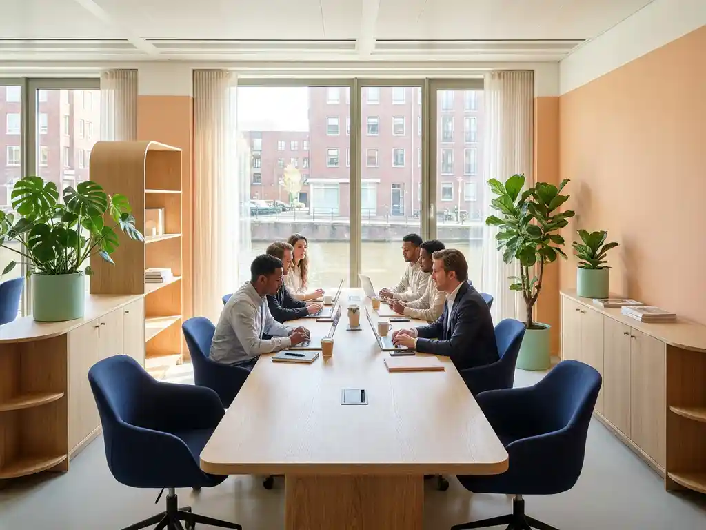 Diverse professionals samenwerken aan grote houten tafel in lichte open kantoorruimte met ergonomische stoelen en planten