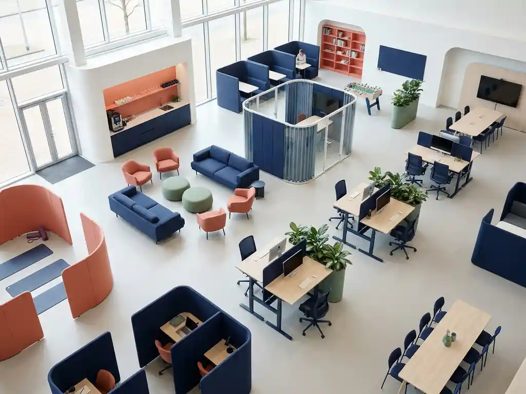 Moderne open kantoorruimte met koffiestation, lounge zithoek, vergaderpods, sta-bureaus en wellnessgebieden in marineblauw, koraal en saliegroen