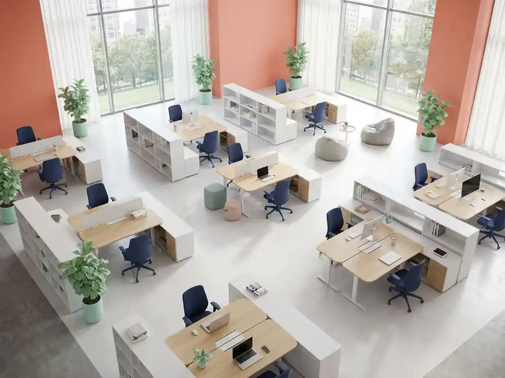 Moderne kantoorruimte met negen flexibele werkzones, modulair meubilair, marineblauwe stoelen en koraalkleurige muren