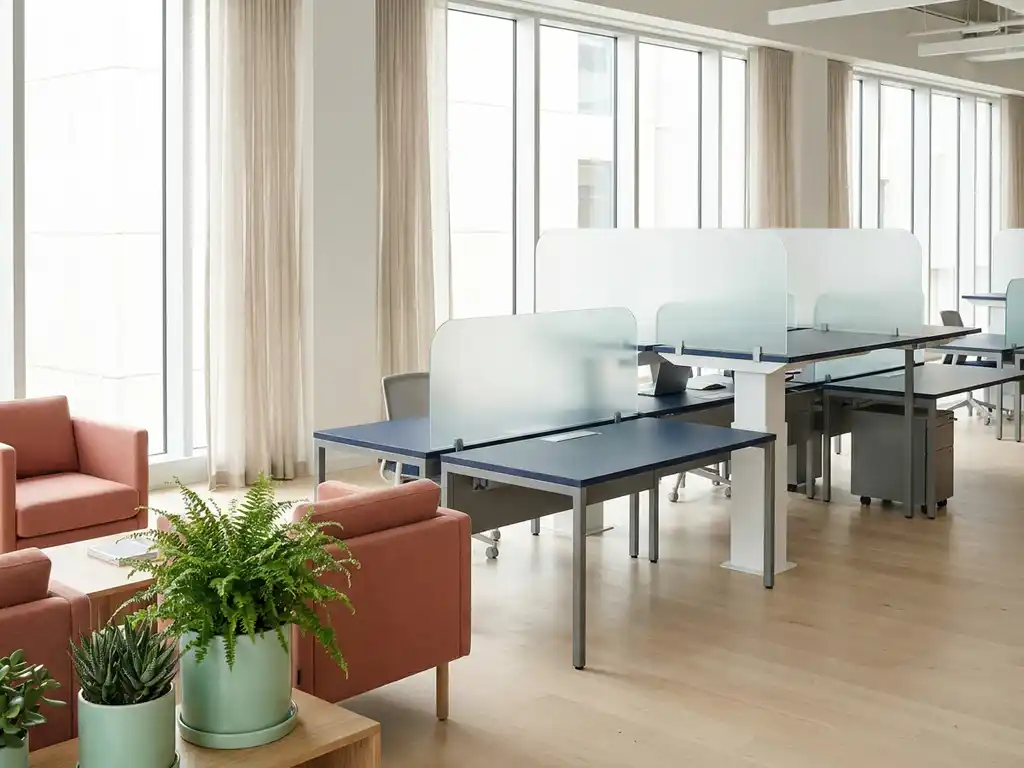 Modulair bureausysteem met verstelbare hoogte en verplaatsbare scheidingswanden in moderne werkruimte met marineblauw, koraal en mintgroen