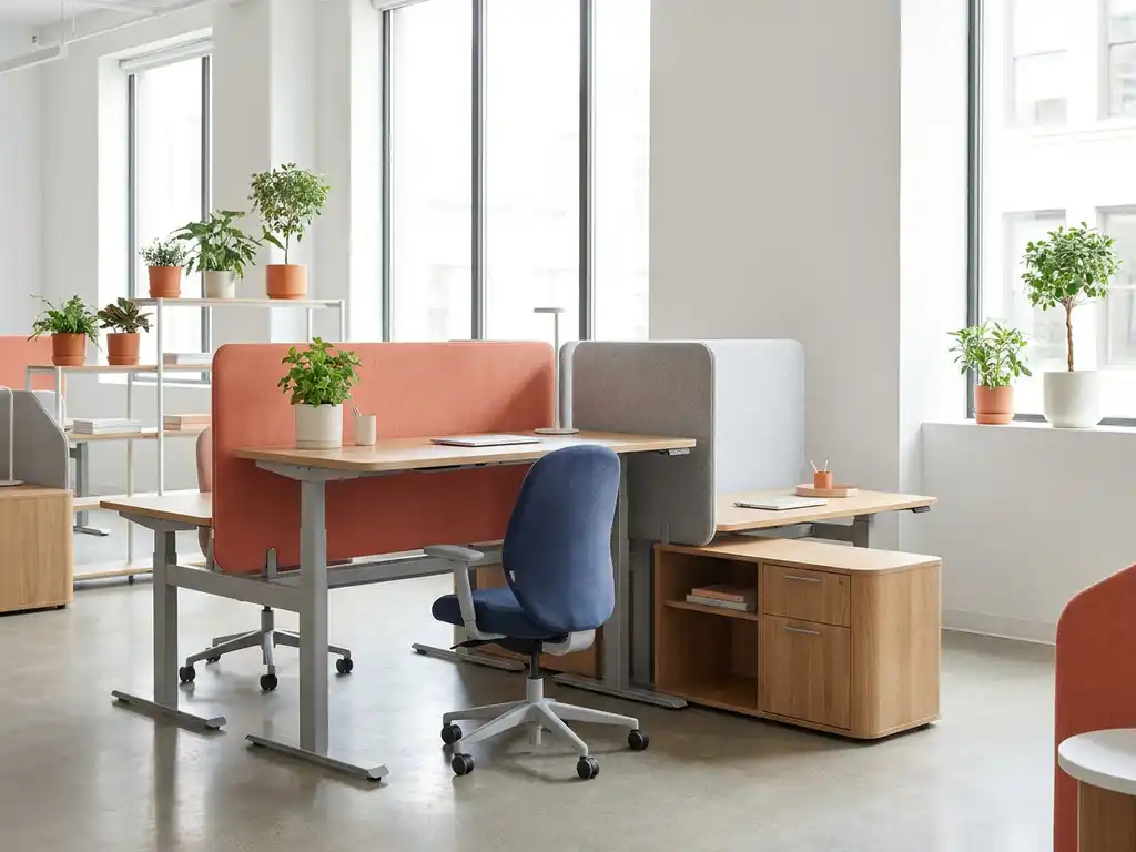 Modulair bureausysteem met verstelbare hoogte en verplaatsbare scheidingswanden in moderne werkruimte met marineblauwe stoel