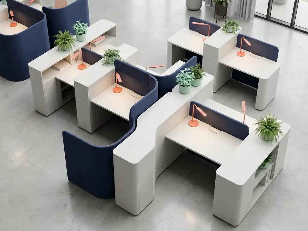 Modulaire witte bureauunits in organische cluster met marineblauwe wanden, koraalkleurige verlichting en mintgroene planten vanuit vogelperspectief