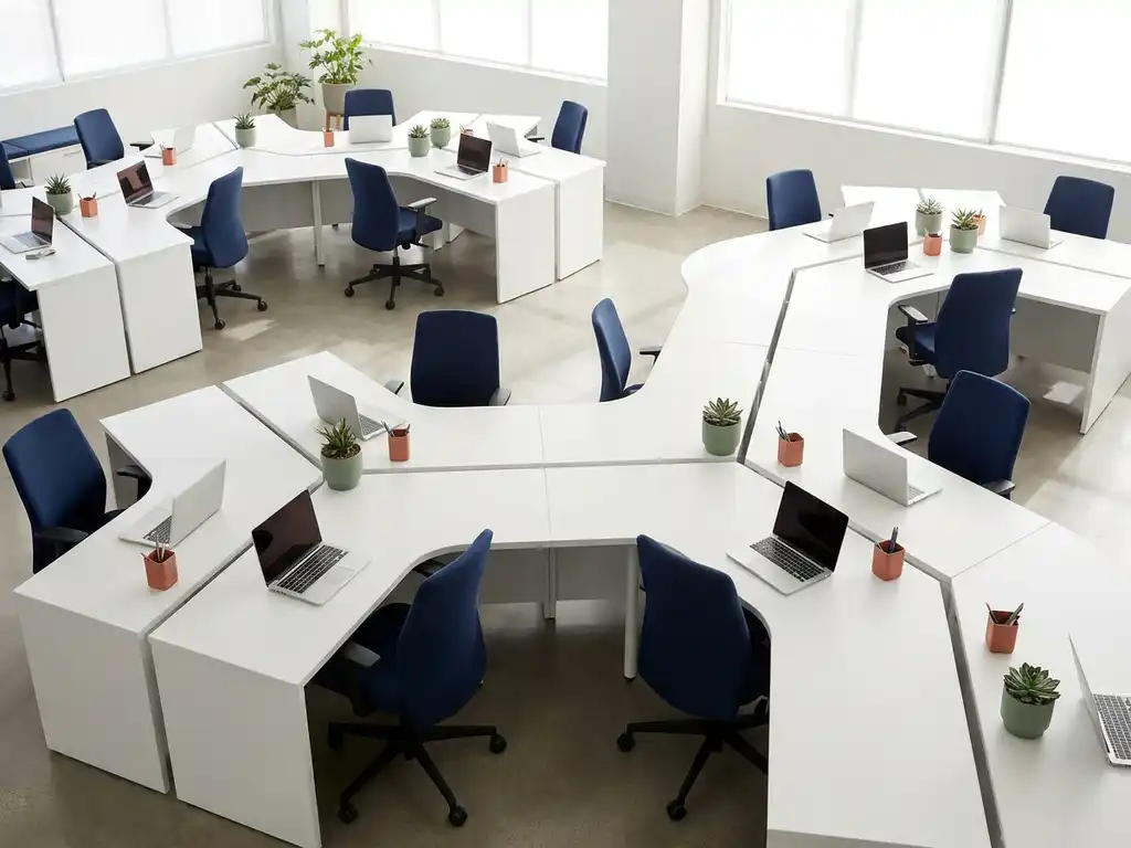 Moderne werkruimte met modulaire witte bureaus in open indeling, laptops en plantjes op elk werkstation, zachte verlichting door grote ramen