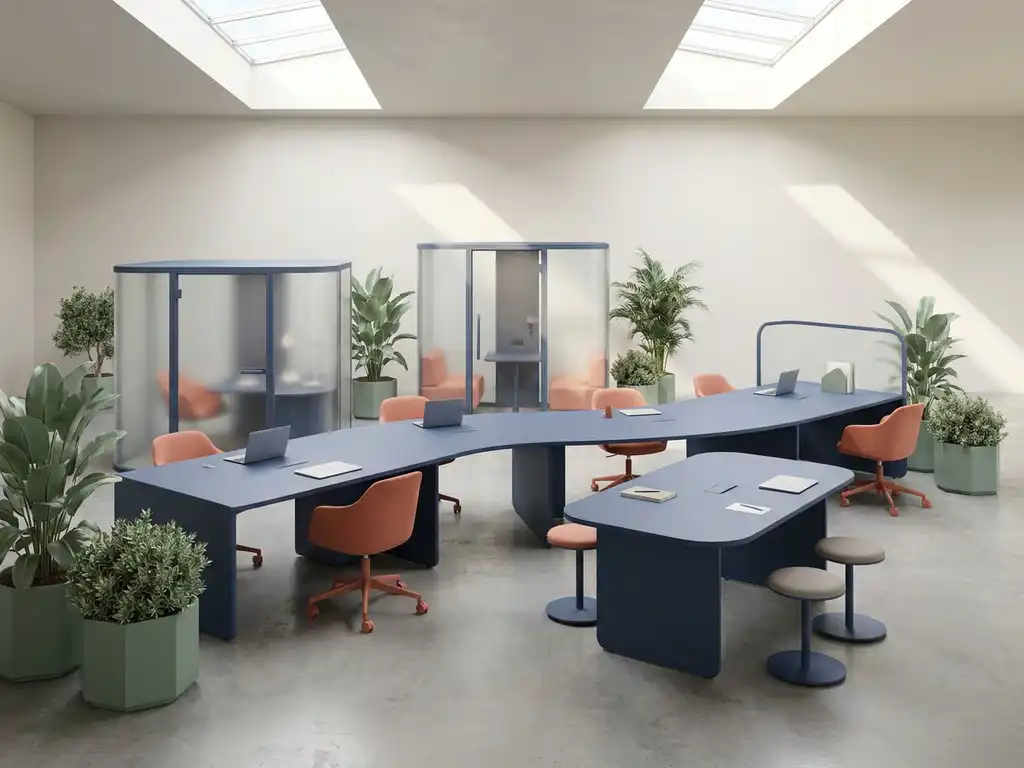 Modulair bureausysteem met zes verbonden werkpods in organische opstelling, navy bureaus met koraalkleurige stoelen en groene planten