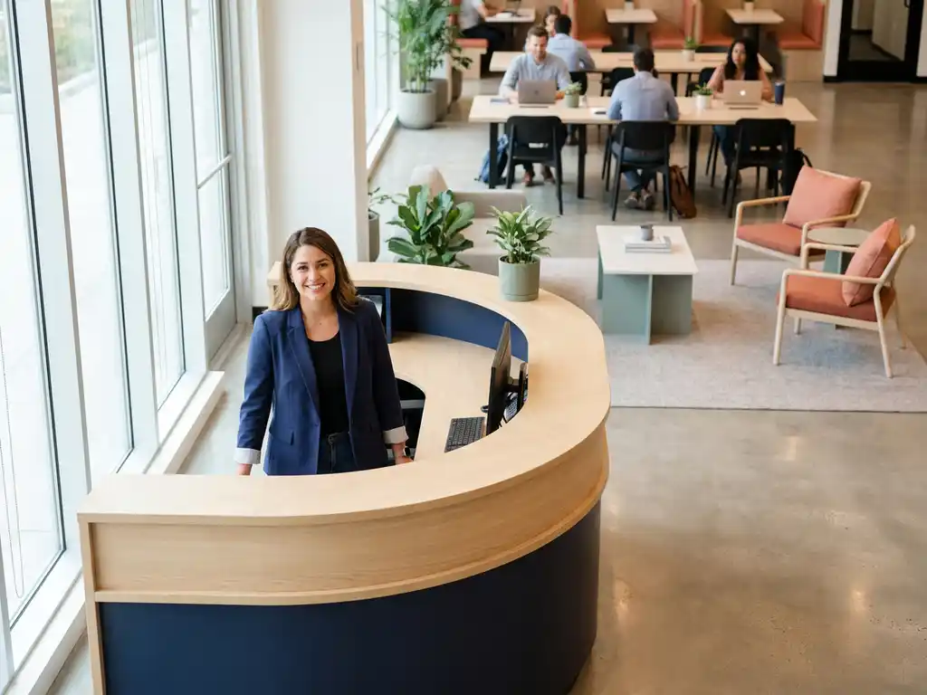 Vriendelijke receptioniste achter moderne balie in lichte co-working ruimte met werkende mensen op achtergrond