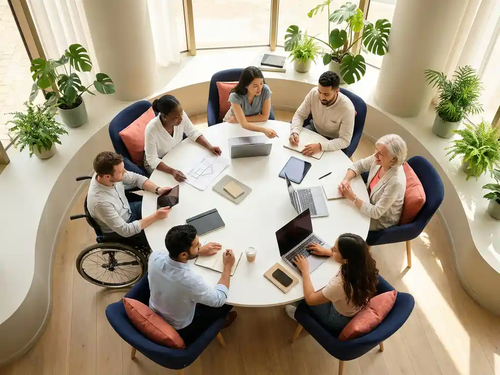 Diverse professionals samenwerken rond witte ronde tafel in modern co-working kantoor met natuurlijk licht en planten