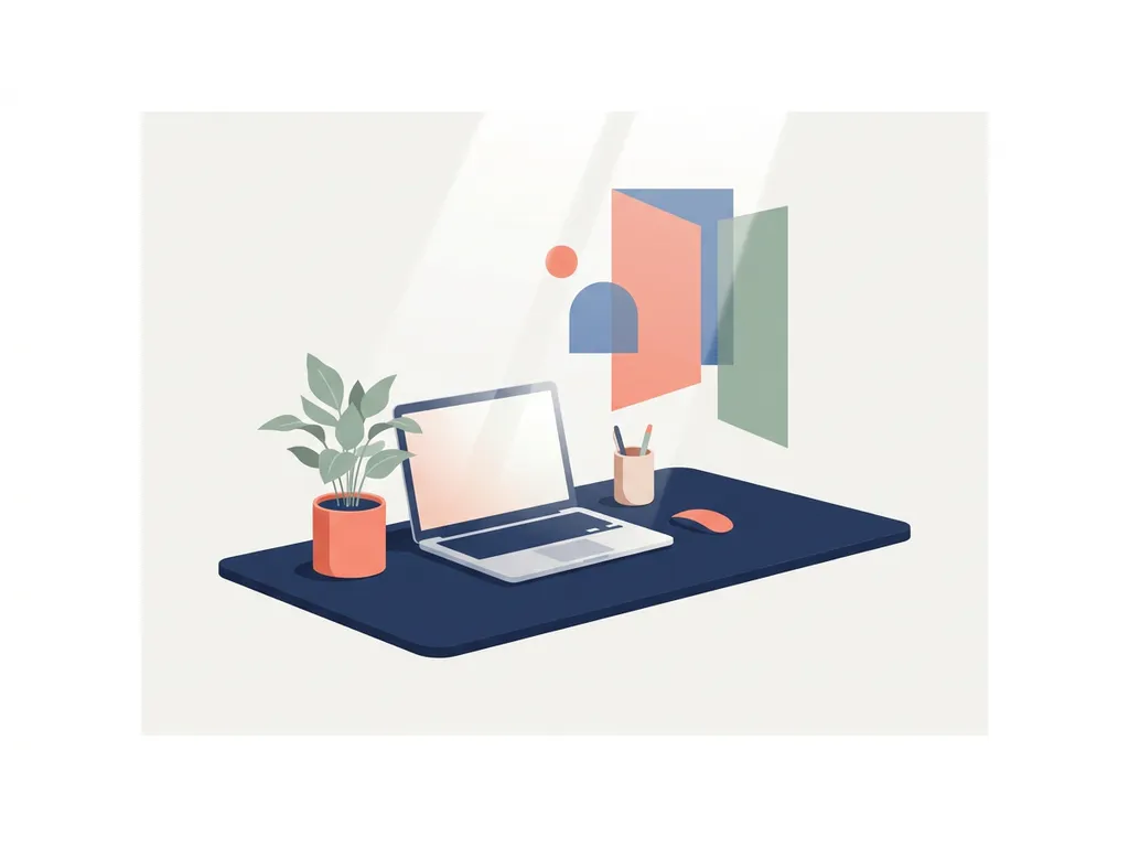 Modern bureauopstelling met laptop en plantje op navy blauwe tafel met koraalkleurige accenten in minimalistische stijl