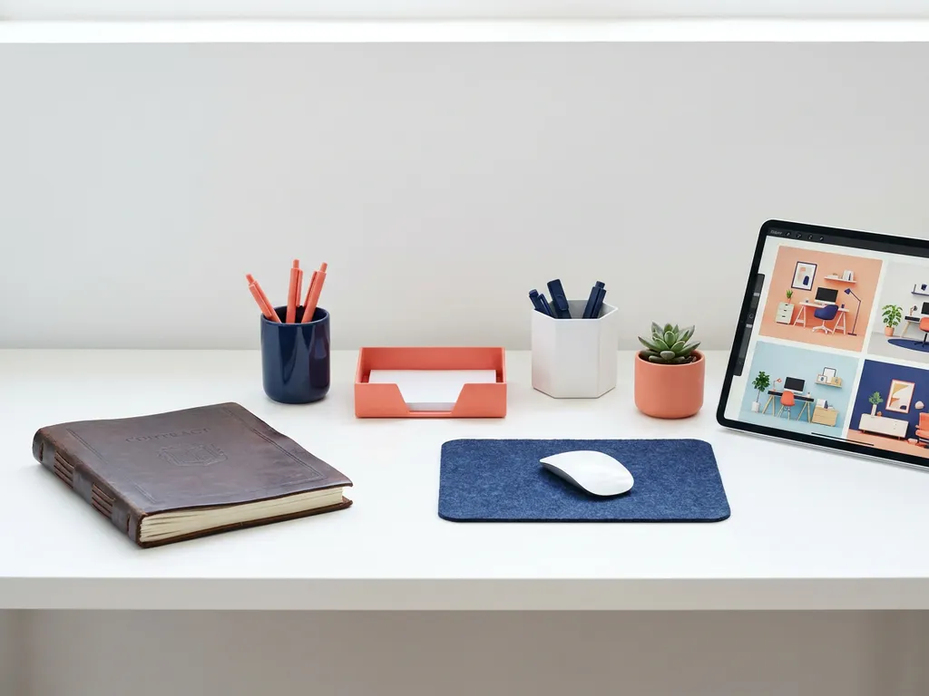 Minimalistisch bureau met wit werkblad, leren contractboek, tablet met kleurrijke layouts en geometrische kantoorbenodigdheden