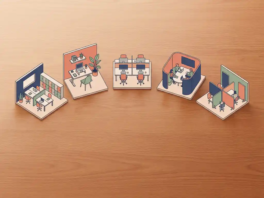 Vijf miniatuur werkruimtemodellen op houten bureau tonen verschillende kantooroplossingen in navy, koraal en saliegroen